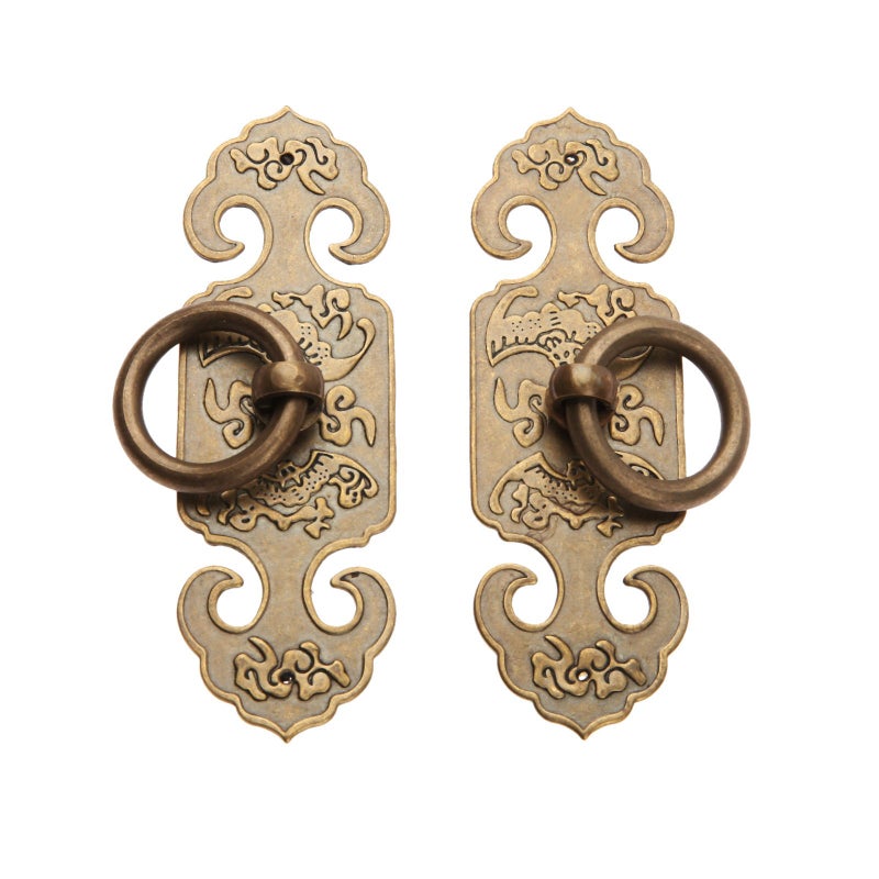 dophee 2PCS Vintage Style Brass Ring Pulls, Chinese Style Cabinet Handles Knobs with Screws for Kitchen Cupboard Closet Wardrobe Drawer Dresser Door, Antique Brass, 3.94"x1.26" - Image 1